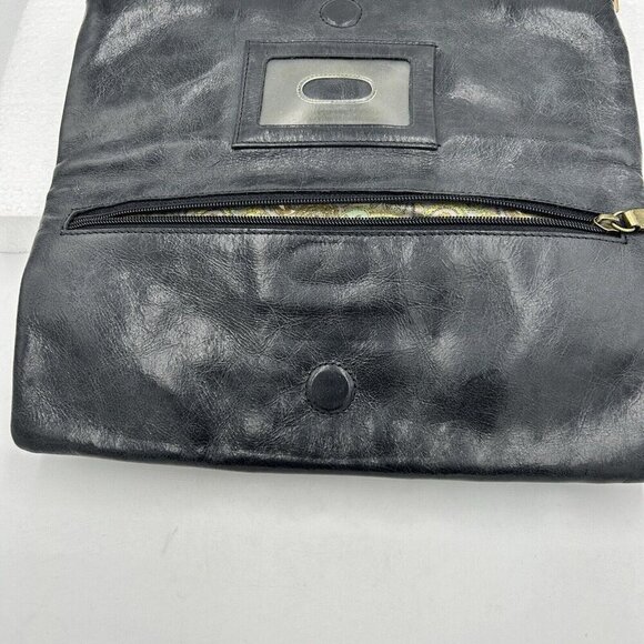 HOBO INTERNATIONAL Black Leather Fold-Over Clutch Bag Purse 11.25" Wide - Picture 6 of 11